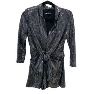 Zara Black Sequined Romper Collar and Pockets Size S